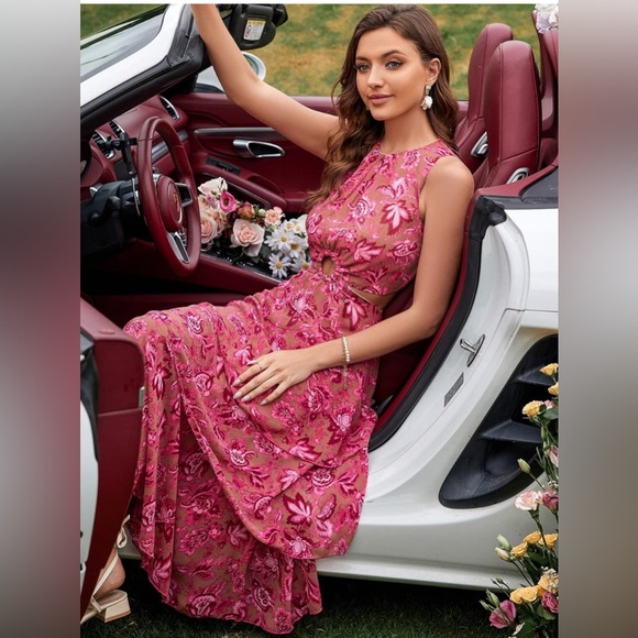 Large Summer Dress Random Floral Print Ring Linked Cut Out Layered Hem Chiffon - Picture 2 of 9